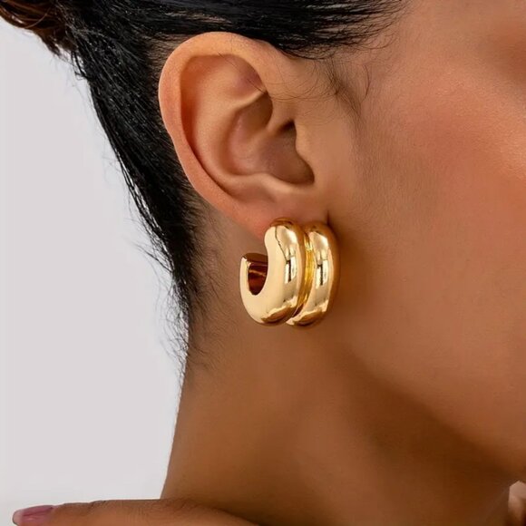 14K Gold Womens Double Row Chunky Hoop Earrings Thick 14 K Silver Hoops Jewelry